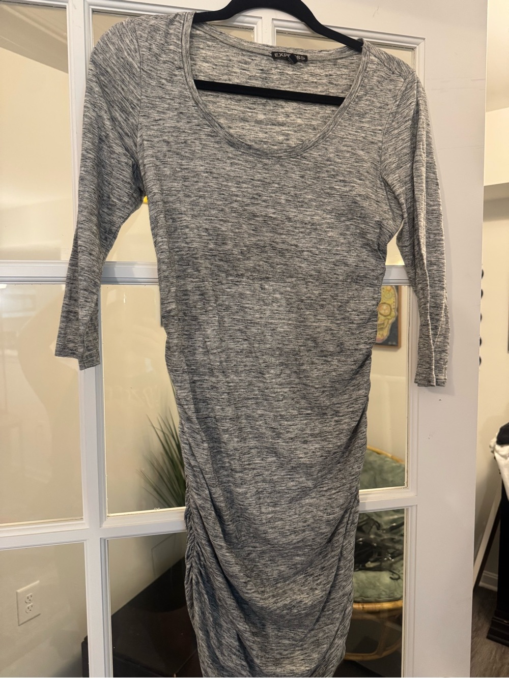 Express Heather Gray Ruched Scoop-Neck Midi Dress